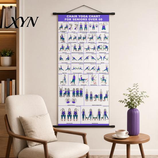 Wellness Wall Art Chair Yoga Chart, Canvas Poster with Hanging Rod And Rope, Gentle Movement Guide Chart for Seniors Beginners Home Stretching
