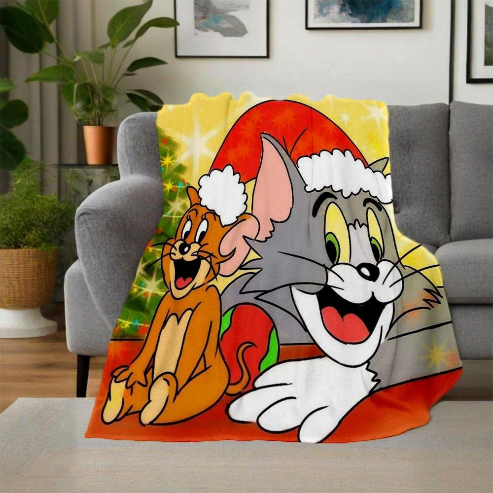 Tom & Jerry Sfondo per Telefono di NataleCoperta Plaid in Flanella per Divano, Letto, Viaggio, Campeggio, Ufficio