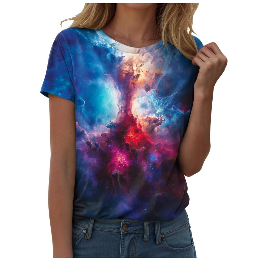 Women Galaxy Print T Shirts Glitter T-Shirts Fashionable Starry Sky Summer T-Shirts Round Neck Woman'S Summer Tops