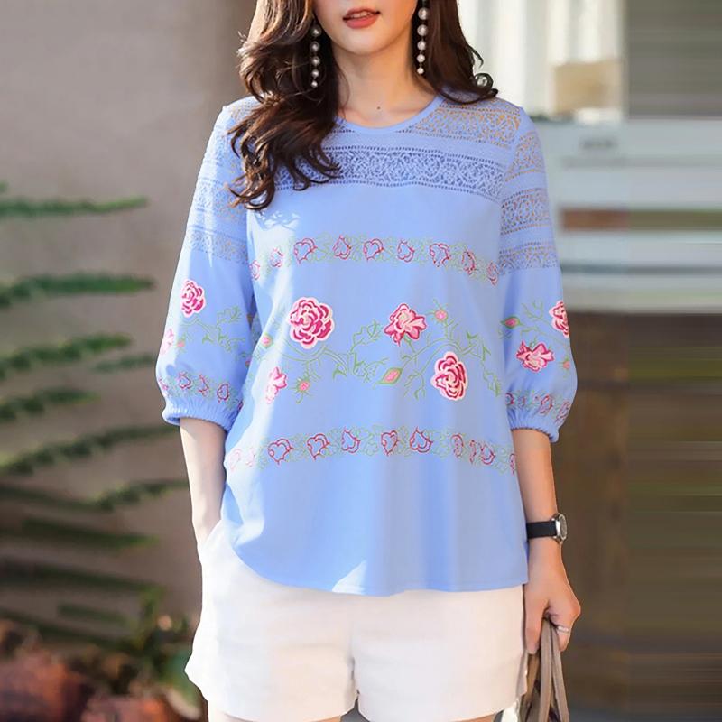 

ZANZEA Women Casual Lace Patchwork Round Neck 3/4 Sleeve Floral Print Blouse XL синий