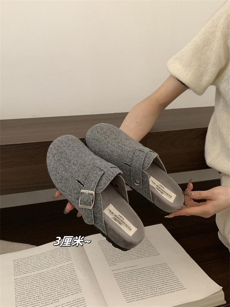 Thick-soled gray Birkenstock shoes for women's autumn and winter new Korean version niche retro Birkenstock one-pedal lazy bag head half slippers