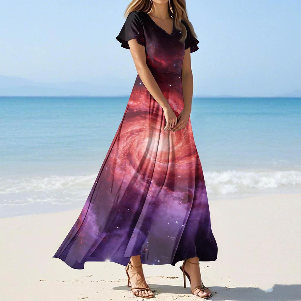 Women's Summer Casual Fashion -Print V-Neck Short-Sleeve Patchwork Dress