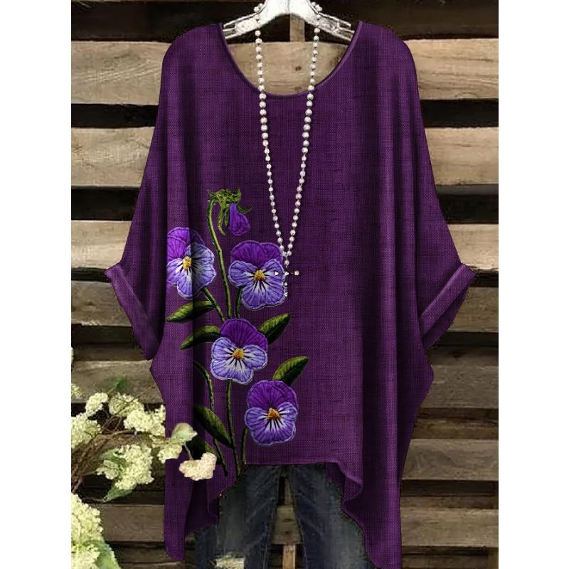 Women Plus Size Purple Floral Print T-Shirt Swallowtail Hem Round Neck Short Sleeve Casual Summer Tops