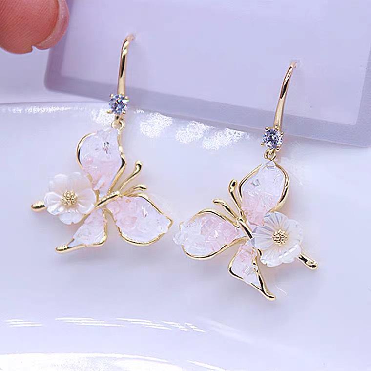 Silver Needle Small Fresh Crystal Flower Butterfly Stud Earrings Fashion Trend Earrings Versatile Sweet Premium Earrings