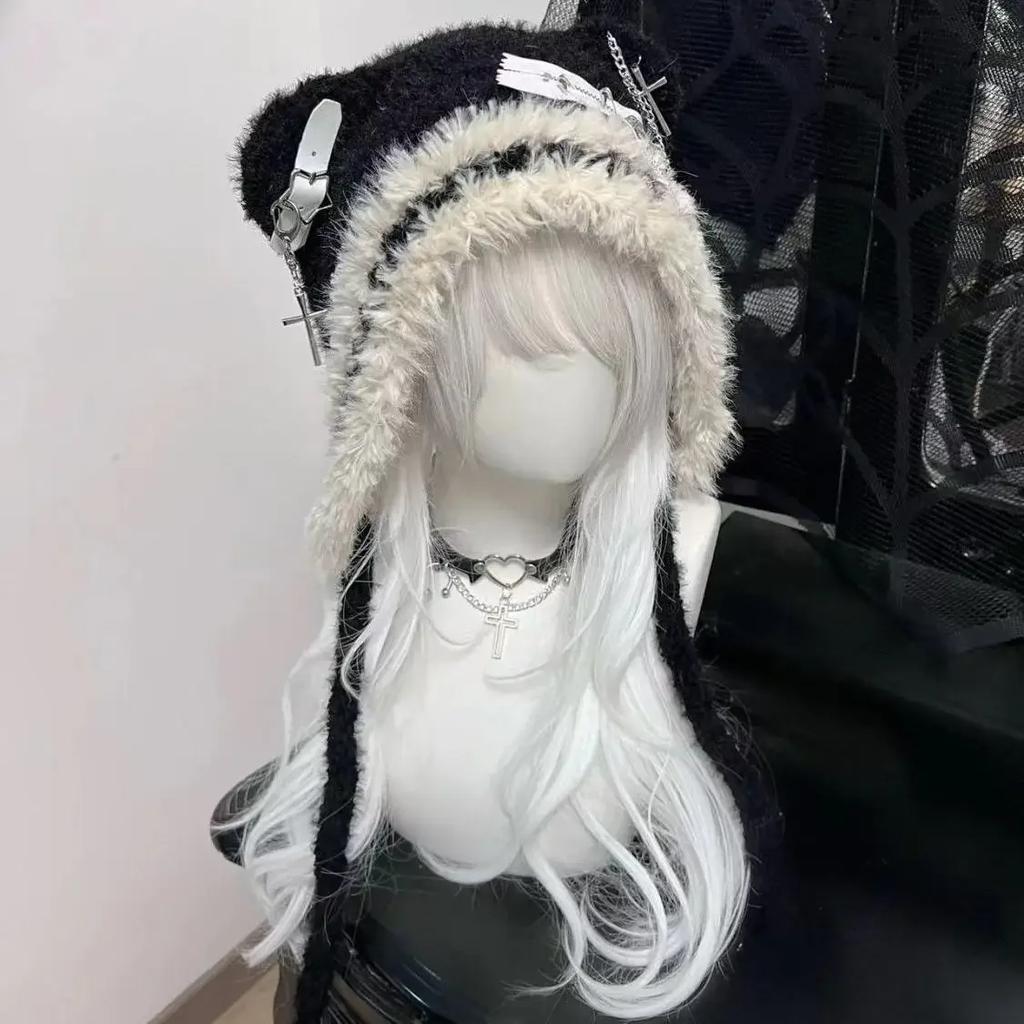 Harajuku Gothic Lolita Knitted Cat Ear Hat Women Punk Designer Cross Bat Winter Black Beanie Cute Hat Female Accessories Cap