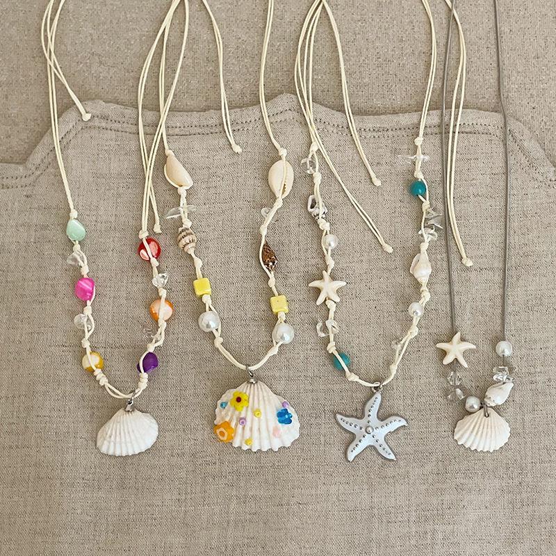 Wax rope starfish shell pearl necklace seaside vacation wind collarbone chain summer fresh and sweet high-end necklace women