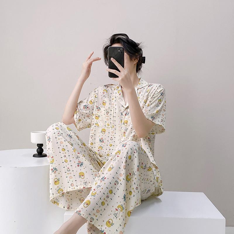 Cotton and silk pajamas women's summer thin short-sleeved plus size Internet celebrity suit can be worn outside spring and autumn new Chinese