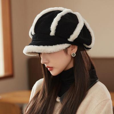 Short Brim Hat Women's Autumn and Winter New Korean Version Versatile Beret Thickened Warm and Cold Retro Octagonal Hat Cap