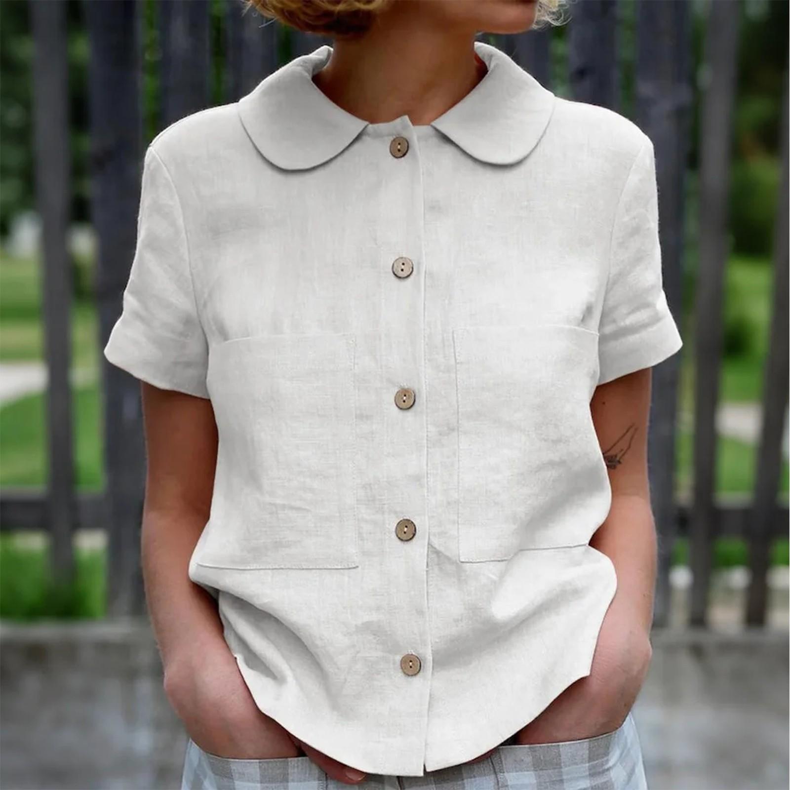 

Женский модный однотонный топ с короткими рукавами и круглым вырезом на пуговицах XXL белый