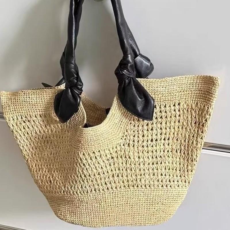 Woven Straw Leather Knot Tote Bag Large Capacity Everyday Travel Handbag Women
