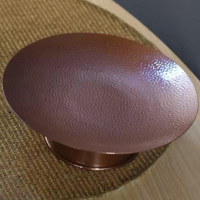 Round Shape Red Copper Fruit Tall Feet Tray,Retro Engraving Hammer Texture Home Cheese 24 Cm Plate,Snack Disc Table Decoration