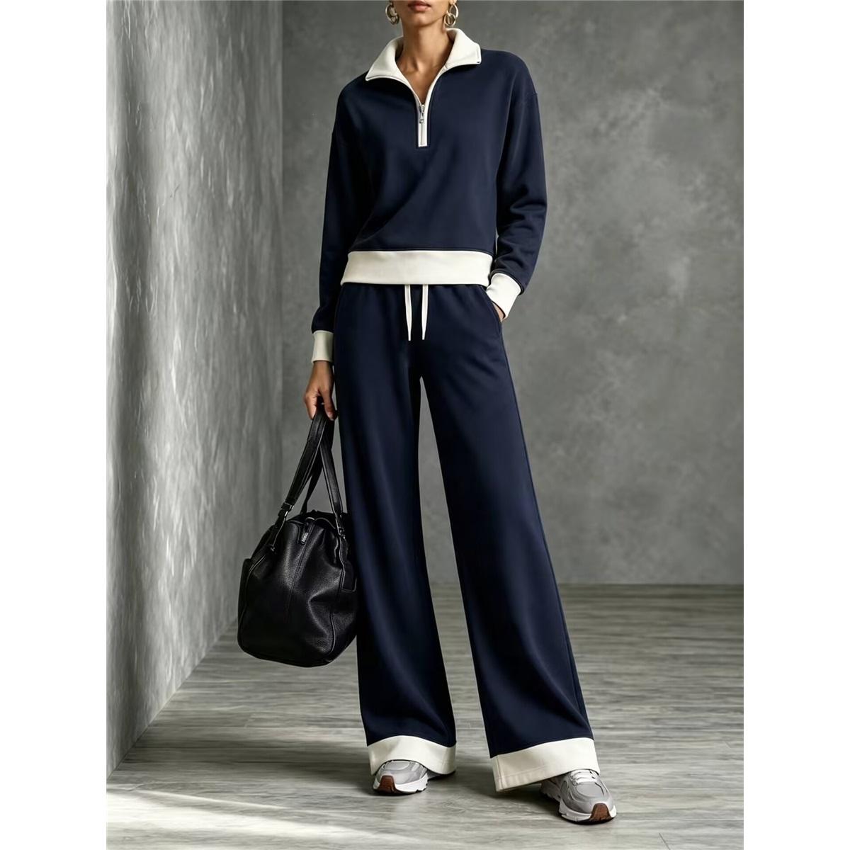 Damen Zweiteiliger Trainingsanzug Halber Reißverschluss Farbkontrastkragen Sweatshirt Kordelzug Weite Hosen Lässiges Loungewear Set XL navy blau