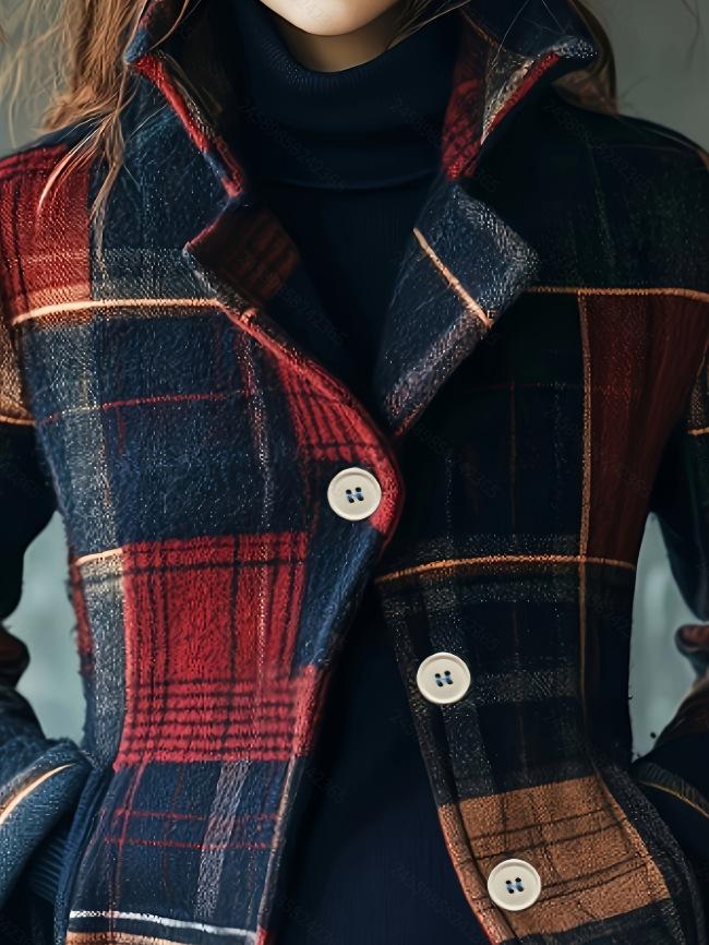 Giacca Corta da Donna a Quadri in Misto Lana con Revers e Manica Lunga, Monopetto, Casual