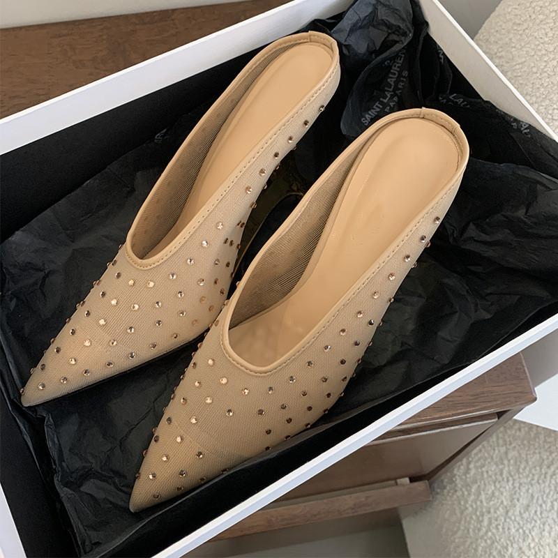 Fashion Fashion Crystal Sequined Air Mesh Women Pumps Slippers Pointed Toe Wedges High Heels Mules Spring Autumn Slingbacks Party Shoes
