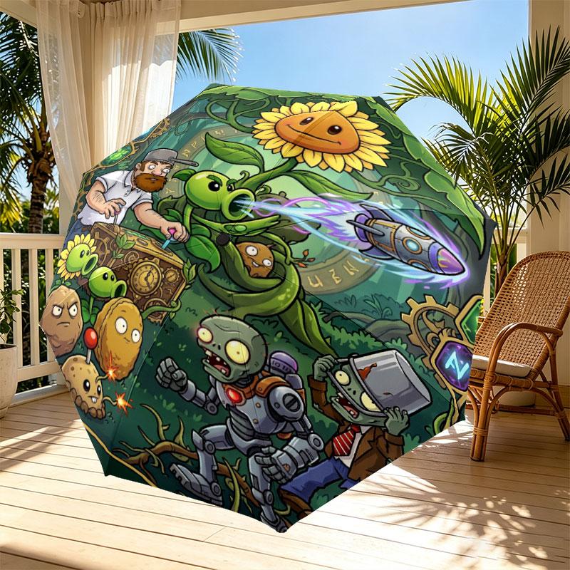 Plants VS Zombies Print Automatic Open Close Umbrella, Portable Foldable Umbrella, for Outdoor Commute Camping Trip, Ideal Birthday Gift