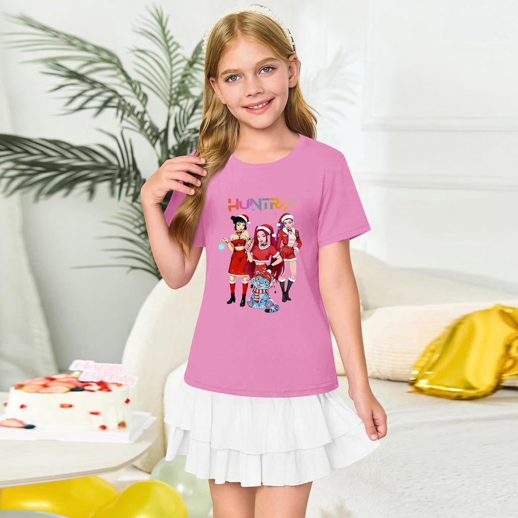 Girls' Round Neck Short Sleeves Christmas Witch  Group Print Casual Short Sleeves