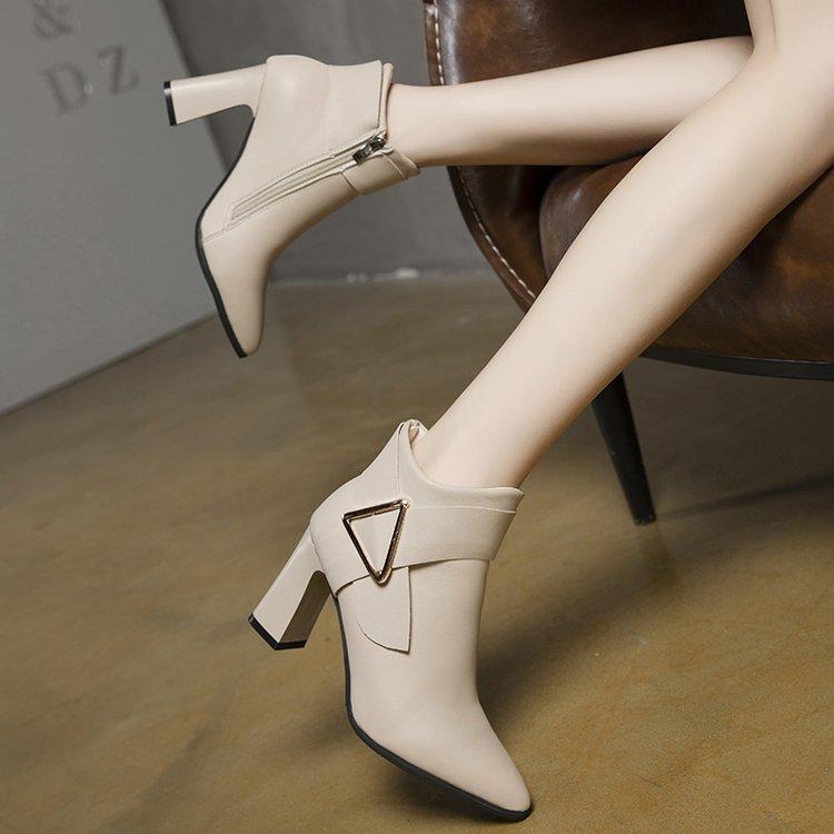 New Thick Heeled Short Boots Pointed with Belt Buckle Fashionable High Heeled Boots