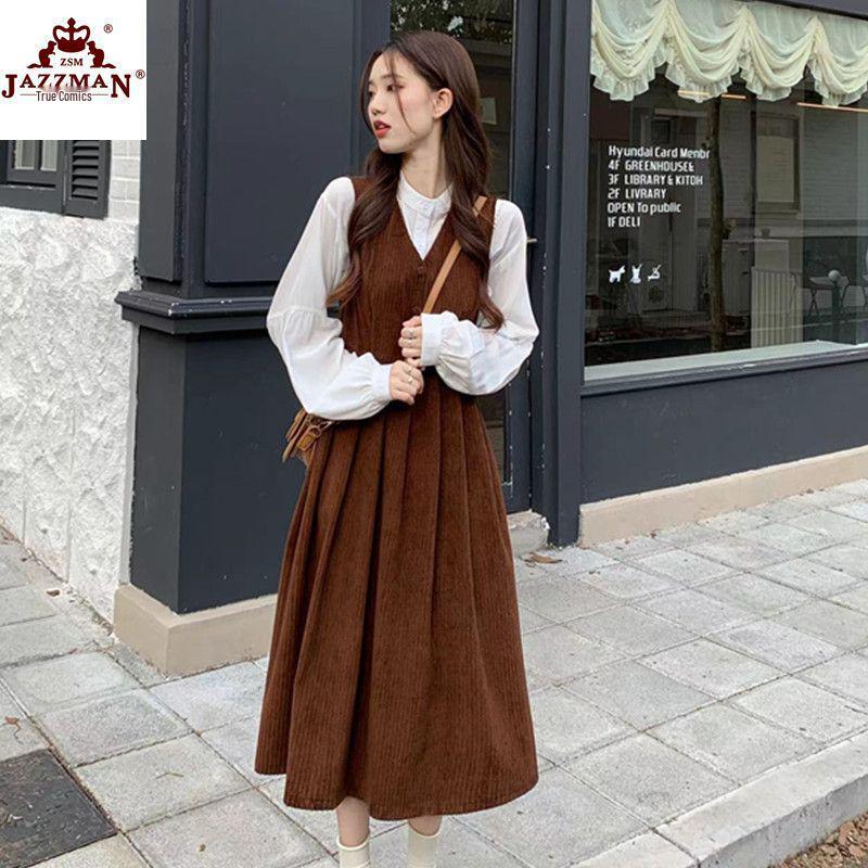 Women's Sweet Corduroy Dress & Top Set - Preppy Style, Autumn Fashion, Waist-Hugging Skirt, Two-Piece