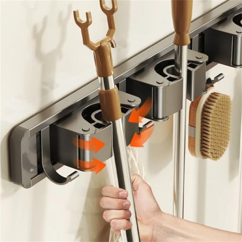 3/4 Hooks Gray Mop Holder Broom Organizer Rack Mop Holder Wall Mounted Strong Broom Mop Holder Self Organizers Hang Broom