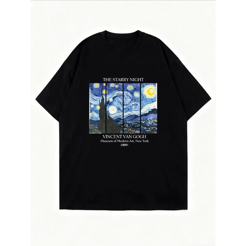 White Short Sleeve T Shirt With Starry Night Painting Print For Casual Wear