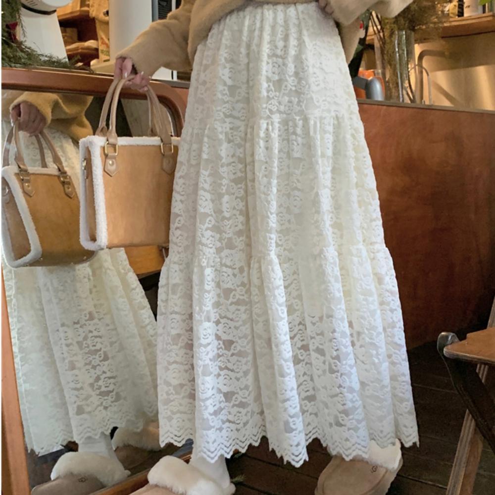 Fleece-Lined Lace Tiered Long Skirt – Cream/Black, From Korea