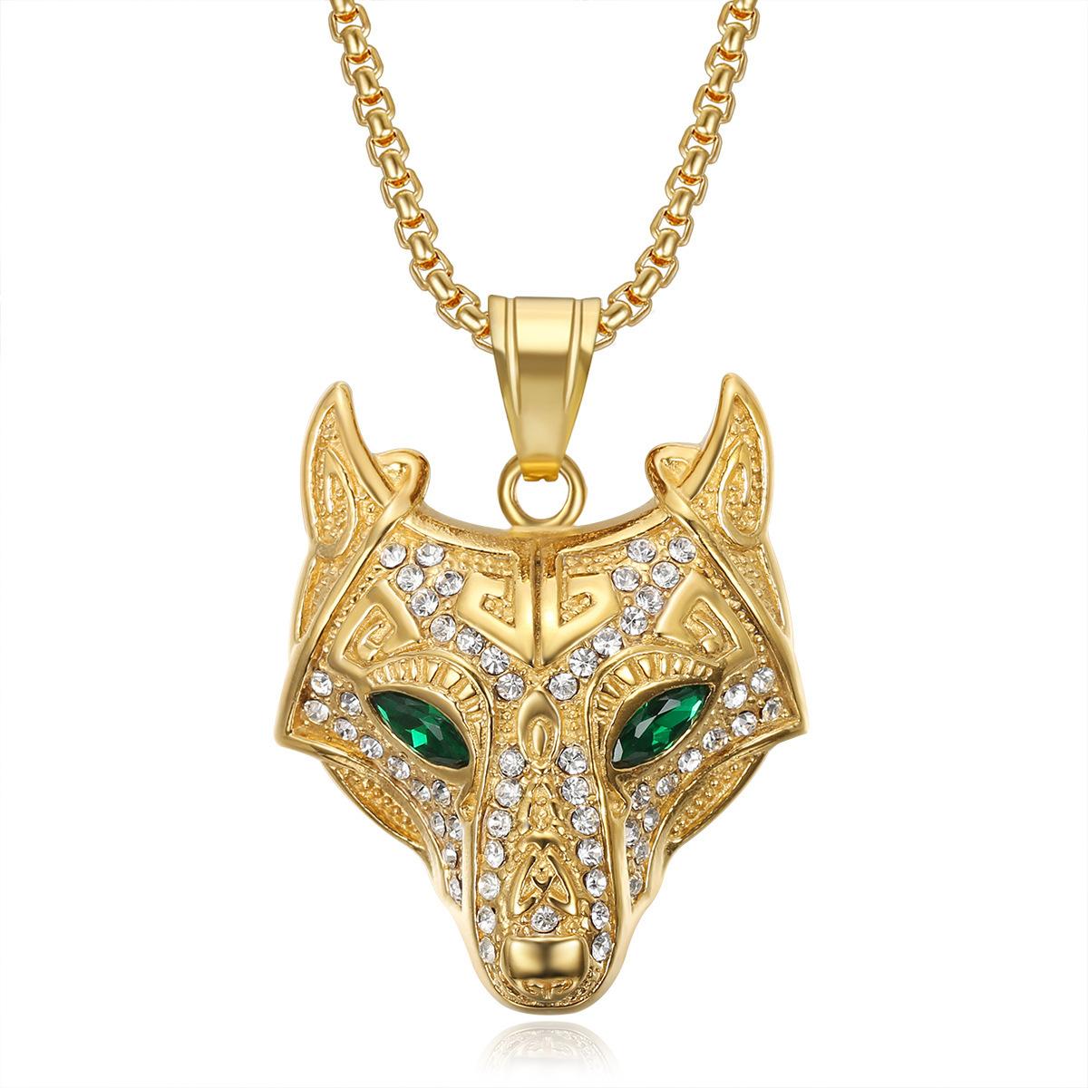 

Hip Hop Iced Out Viking Wolf Head Pendant Male Gold Color Stainless Steel Animal Necklace For Men Norse Talisman Jewelry 68cm