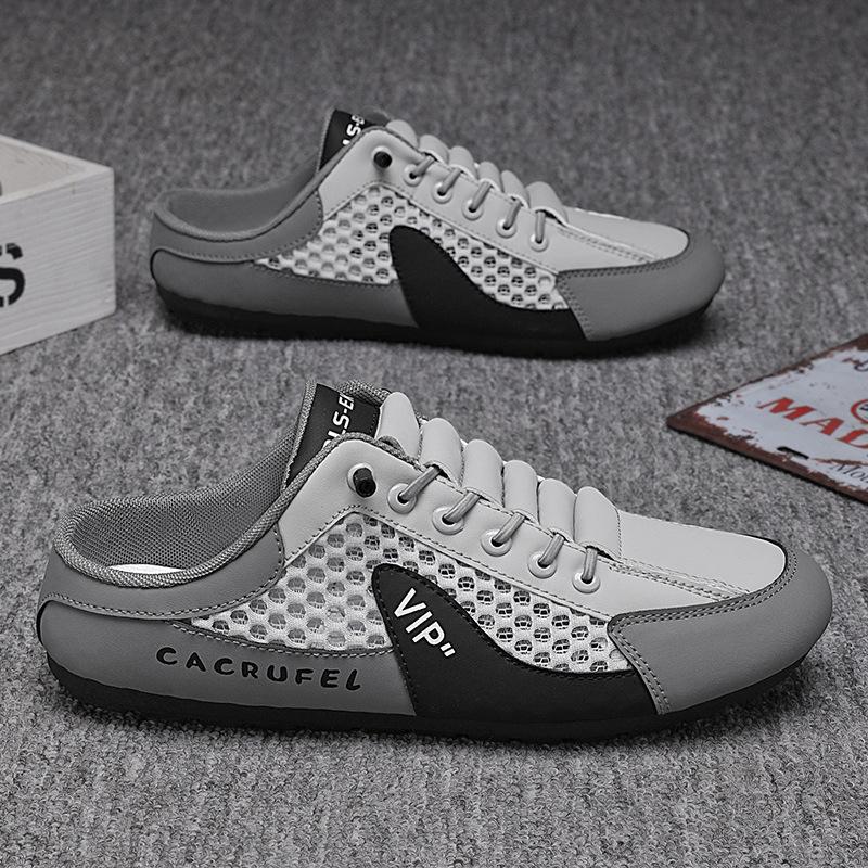 Baotou half-tray shoes men's new mesh breathable one-pedal lazy shoes flat-bottom hollow mesh shoes casual board shoes trendy shoes