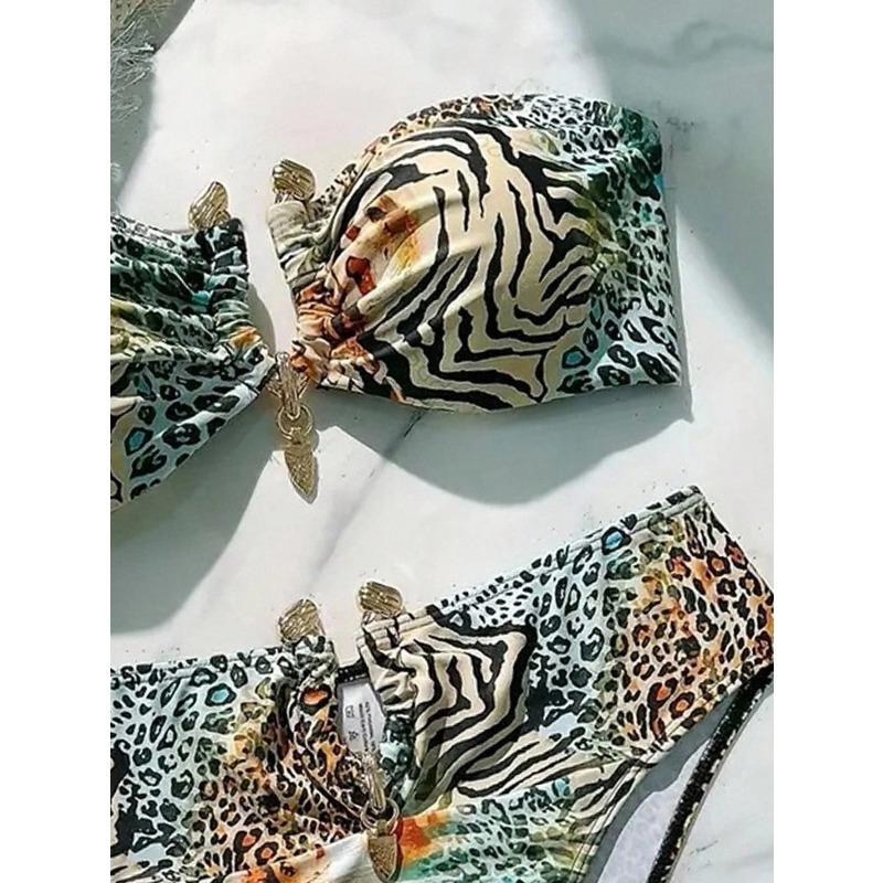 Sexy Bandeau Bikini 2026 Women Metal V Wire Zebra Tiger Print Push Up High Waist Swimsuit Beach Bathing Suit Two Piece Swimwear