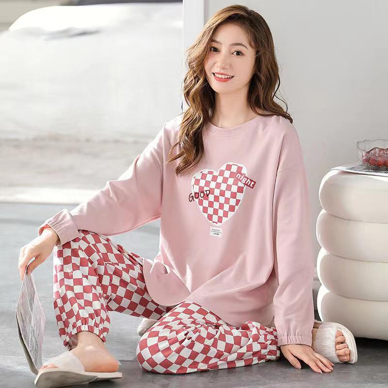 

Pajamas Women Long Sleeve Long Pants Set Loose Plaid Student Pajamas Can Be Worn Out Household Clothing Plaid Long Pants XXL рожевий