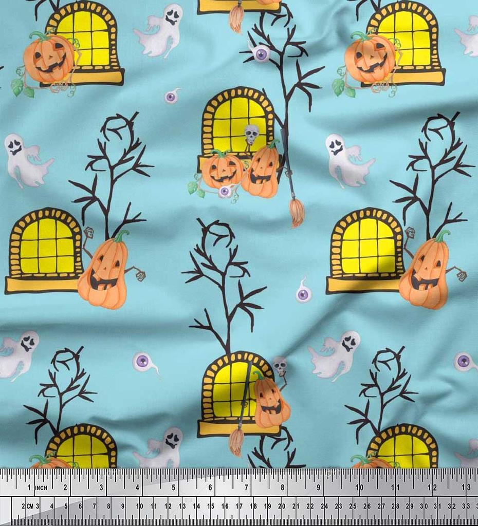 Soimoi Japonská krepová saténová látka Strašidelný dům, Dýně a Duch Halloweenská tištěná látka 1 metr 42 palců