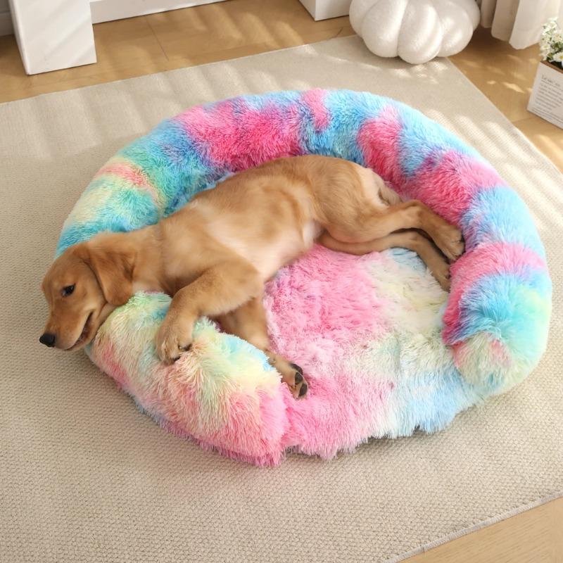 New Round Plush Pet Bed - Winter Warm Dog Cat Bed with Long Fur Cozy Sleeping Mat Cushion for Small Medium Pets