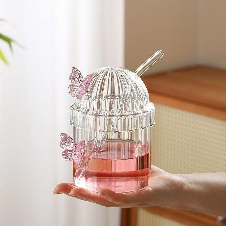 INS Style High Borosilicate Stripe Butterfly Glass Cup, Transparent for Wine, Milk Tea, Juice, or Water. 300mL-500mL