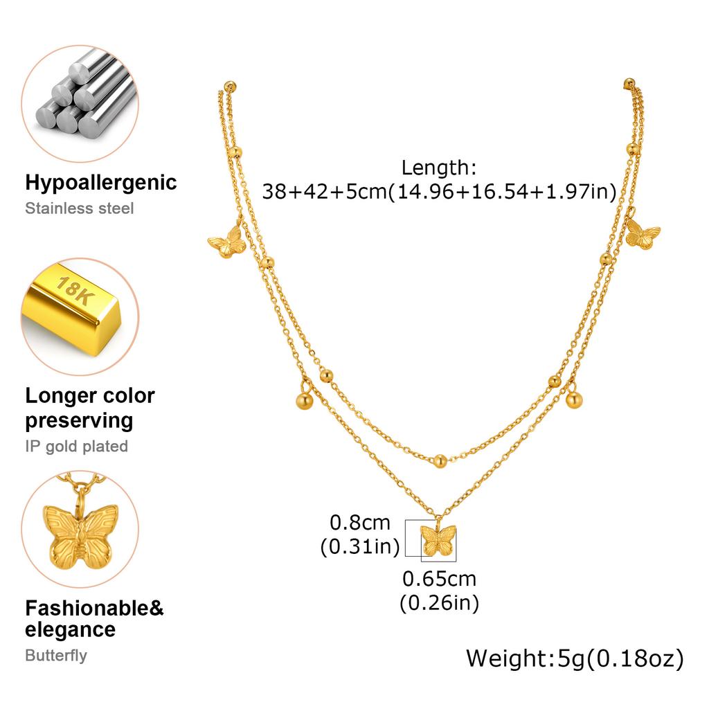 Stainless Steel Double Layer Stacked Necklace for Women,Gold Color Butterfly Bead Chain Necklaces,Trendy Jewelry Gift