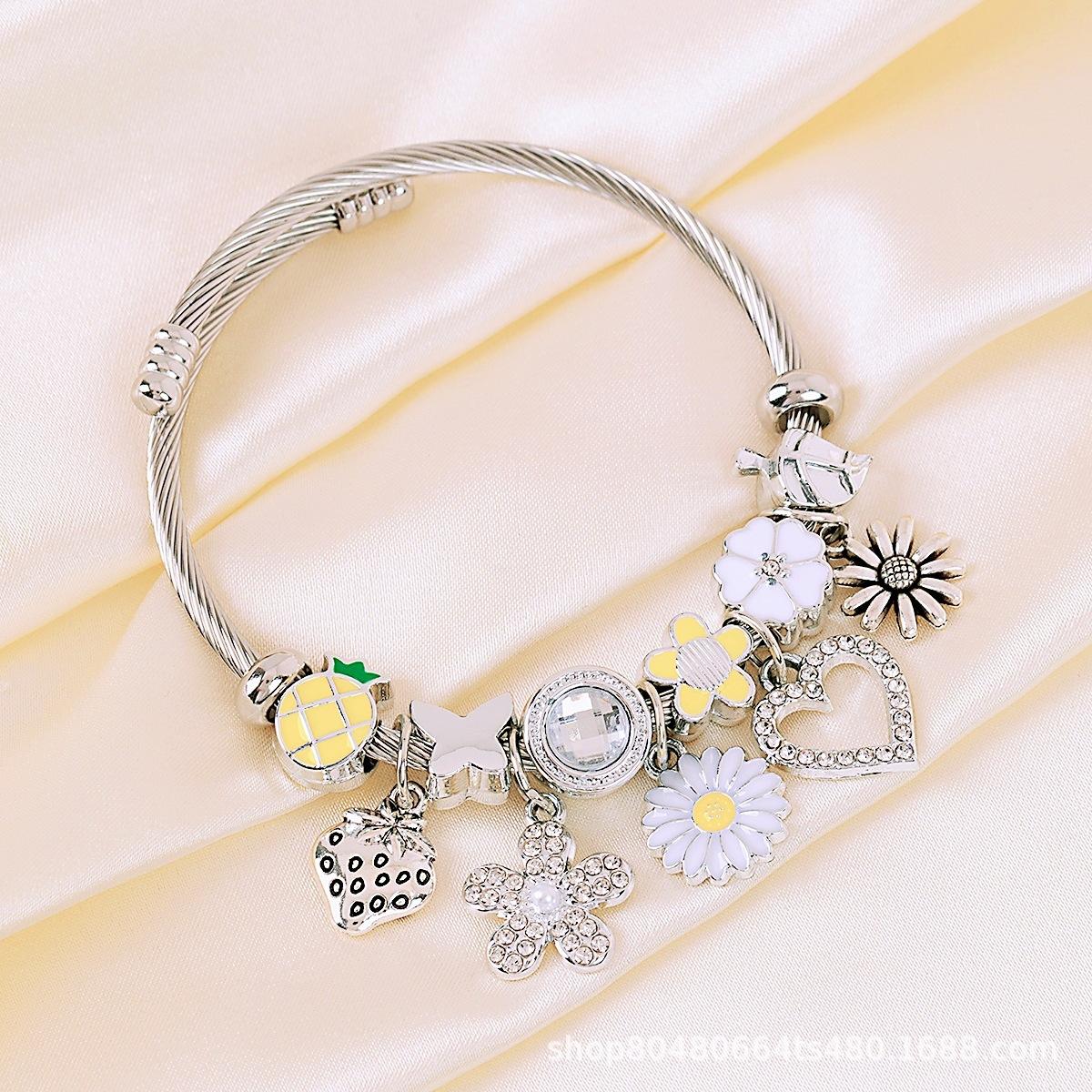 

Handmade Beaded Bracelet with Enamel Rhinestone Charms Sunflower Strawberry Pineapple Daisy Butterfly Jewelry for Women Nothing жёлтый