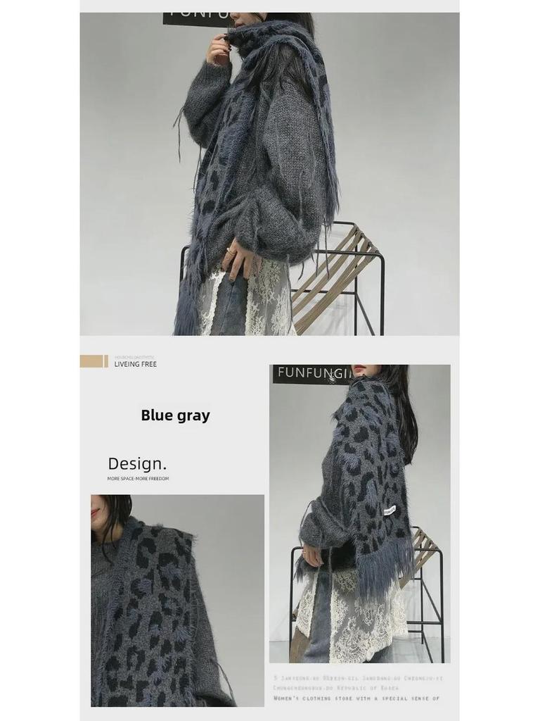 Women's Leopard Wool Scarf - High-Grade Cashmere Shawl, Korean Style, Tassel, Thick and Warm for Autumn and Winter.