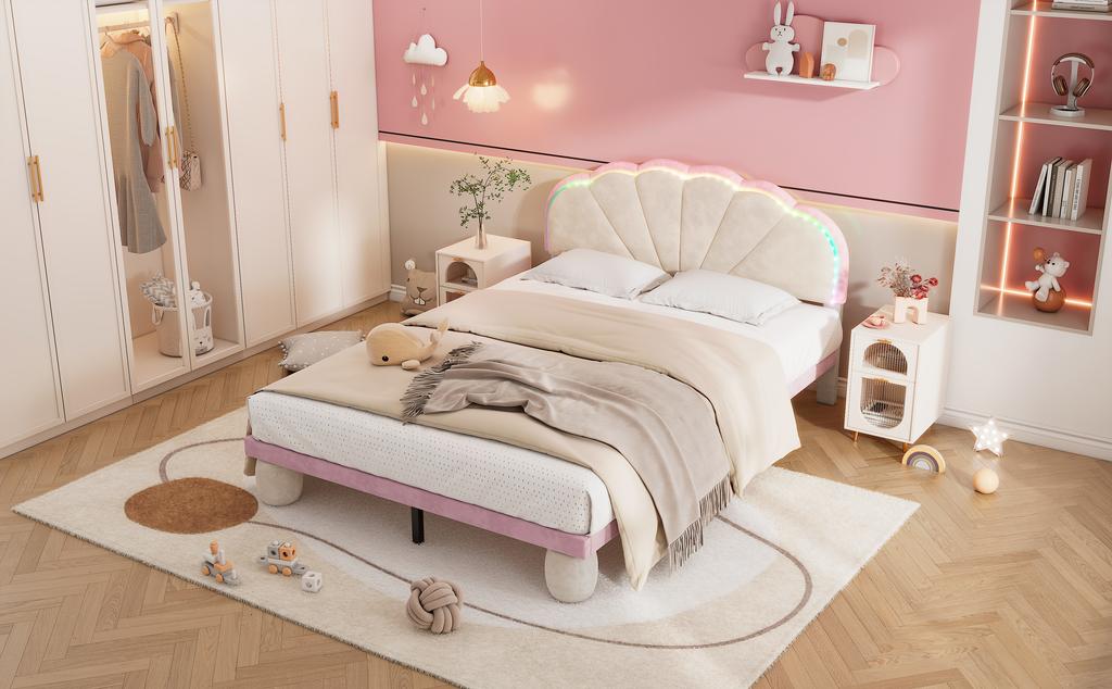 Upholstered Bed with Multicolor, Changing Light Strips, Headboard, with Upholstered Round Legs, Youth Bed, Double Bed, Velvet, Beige+pink, 140x200cm
