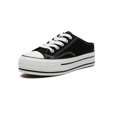 5cm Dames Canvas Sneakers Muiltjes Schoenen Nieuwe Casual Halve Pantoffels Flats Vrouwelijk Wit Retro Lage Zool Zwarte Platform Loafers