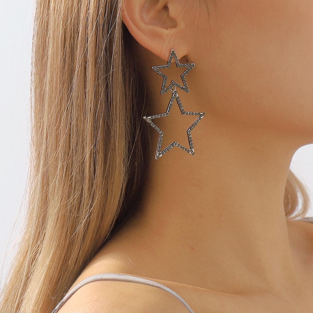 Trendy Double Layer Pentagram Rhinestone Earrings Sexy Korean Style Fashion Personality Elegant Dangle Earrings For Women