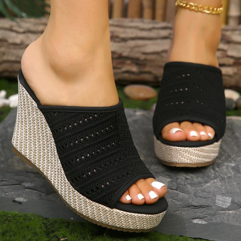 Fashion Cut-outs Platform Women Sandals Summer Open Toe Knitted Wedge Sandals Wedge Heels Mules Shoes Large Size Luxury Women Shoes