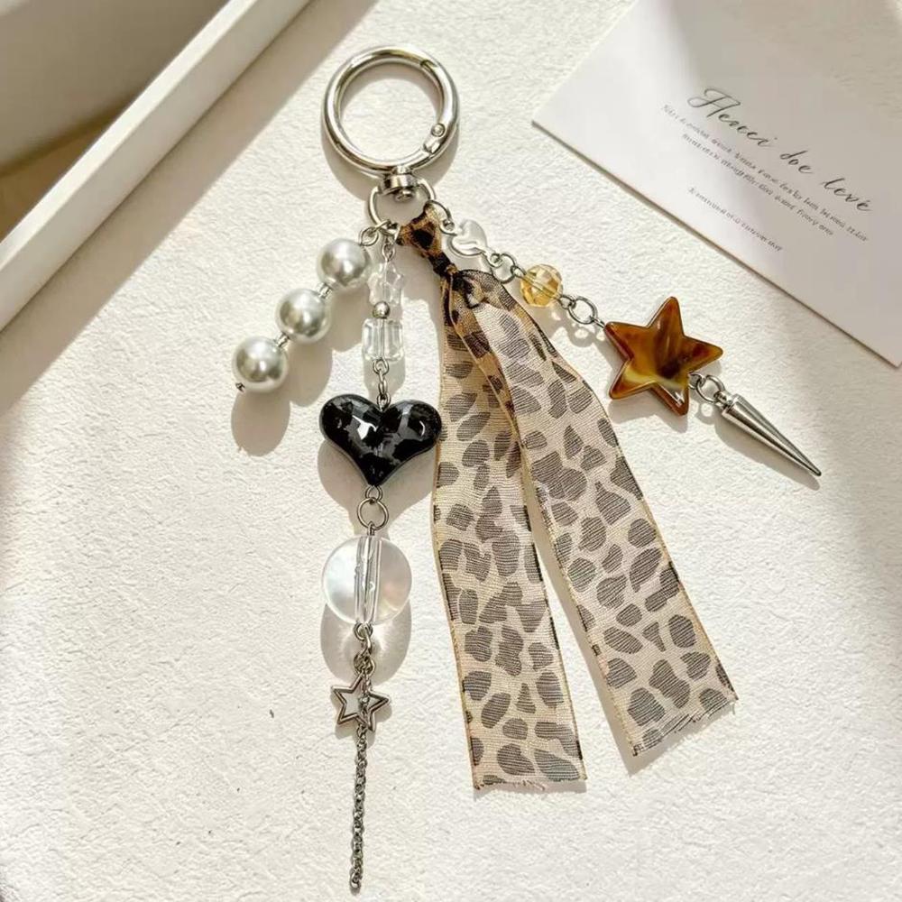Cat Star Leopard Ribbon Tassel Pearl Bead Bag Charm Punk Gothic Backpack Accessories Bag Charm