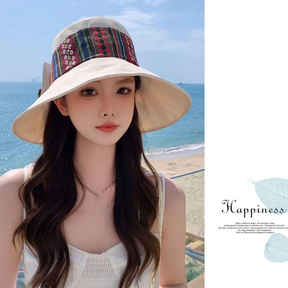 Ethnic Style Women's Sun Hat Solid Color Wide Brim Bucket Cap Simple Bowknot Fishmen Hat  Girl