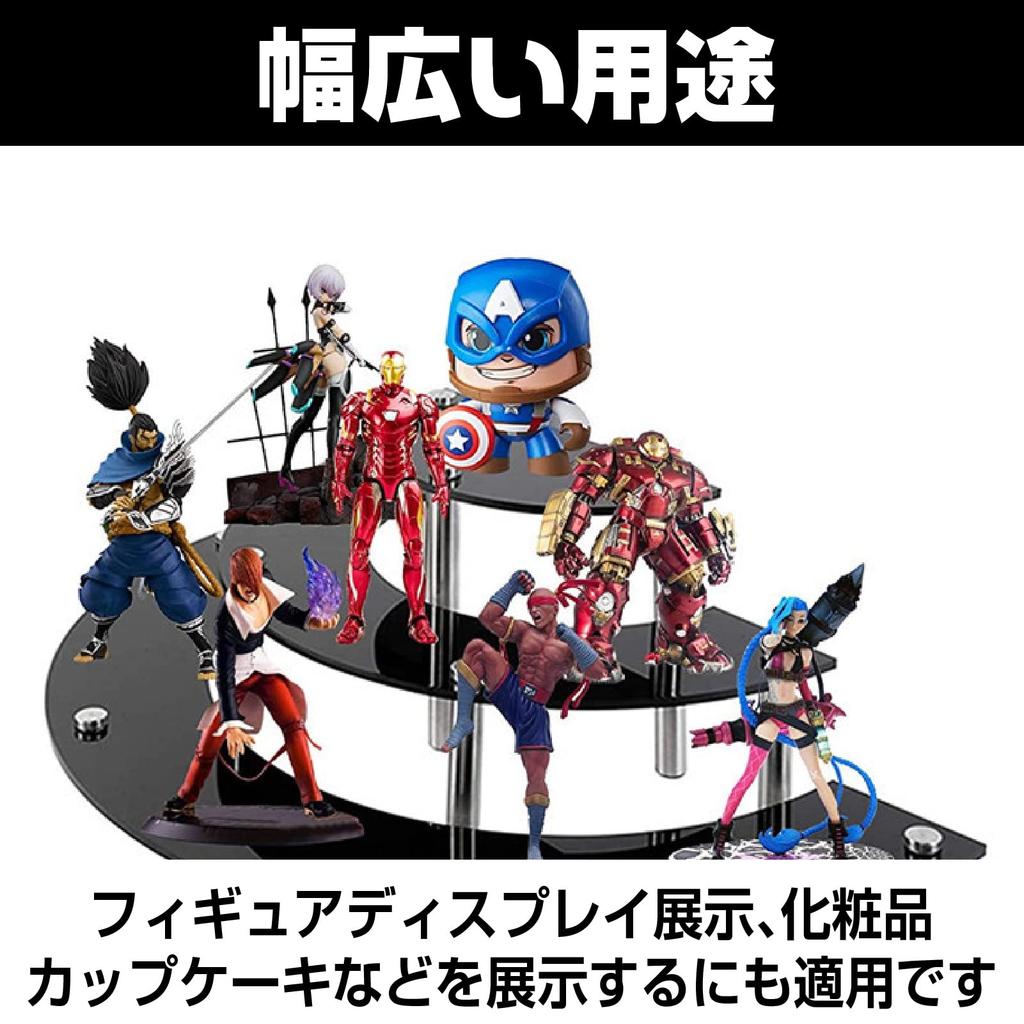 Famimueno Figure Case Display Rack Transparent Acrylic Shelf Stage Exhibition Stairs 3 Set of (Black, Tiers, 2)