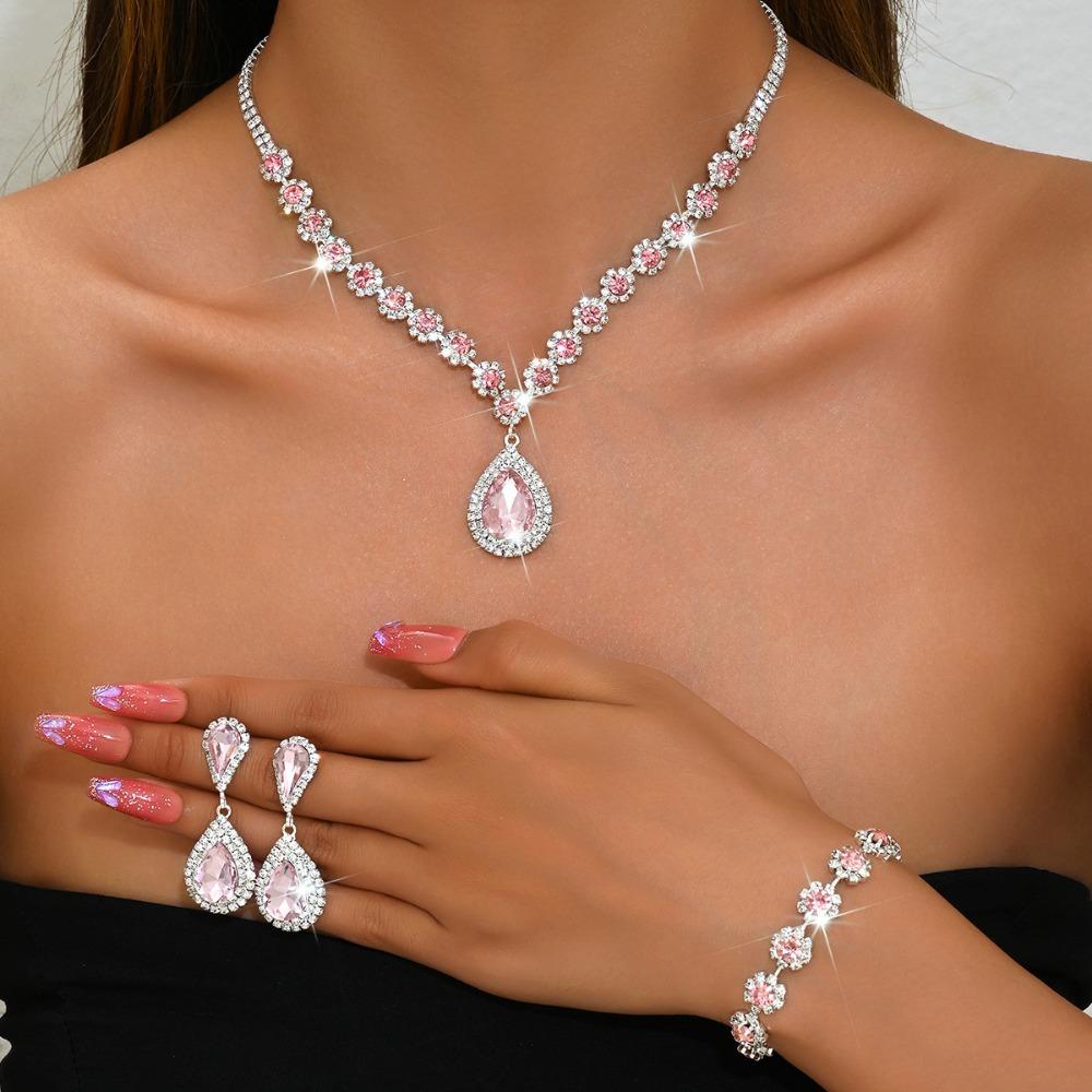 Wedding Jewelry Set, Necklace, Stud Earrings, Bracelet, Three-piece Set, Full of Diamonds and Flowers, Multi-color Set.