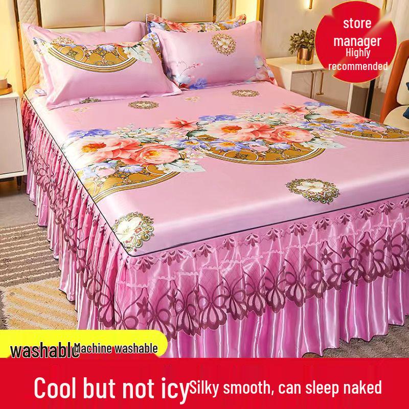 Ice Silk Lace Bed Skirt & Cool Mat Set - Breathable Rattan Design