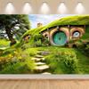 2D Flat Banner 1 Piece - Polyester Green Hillside Cabin Background Fabric