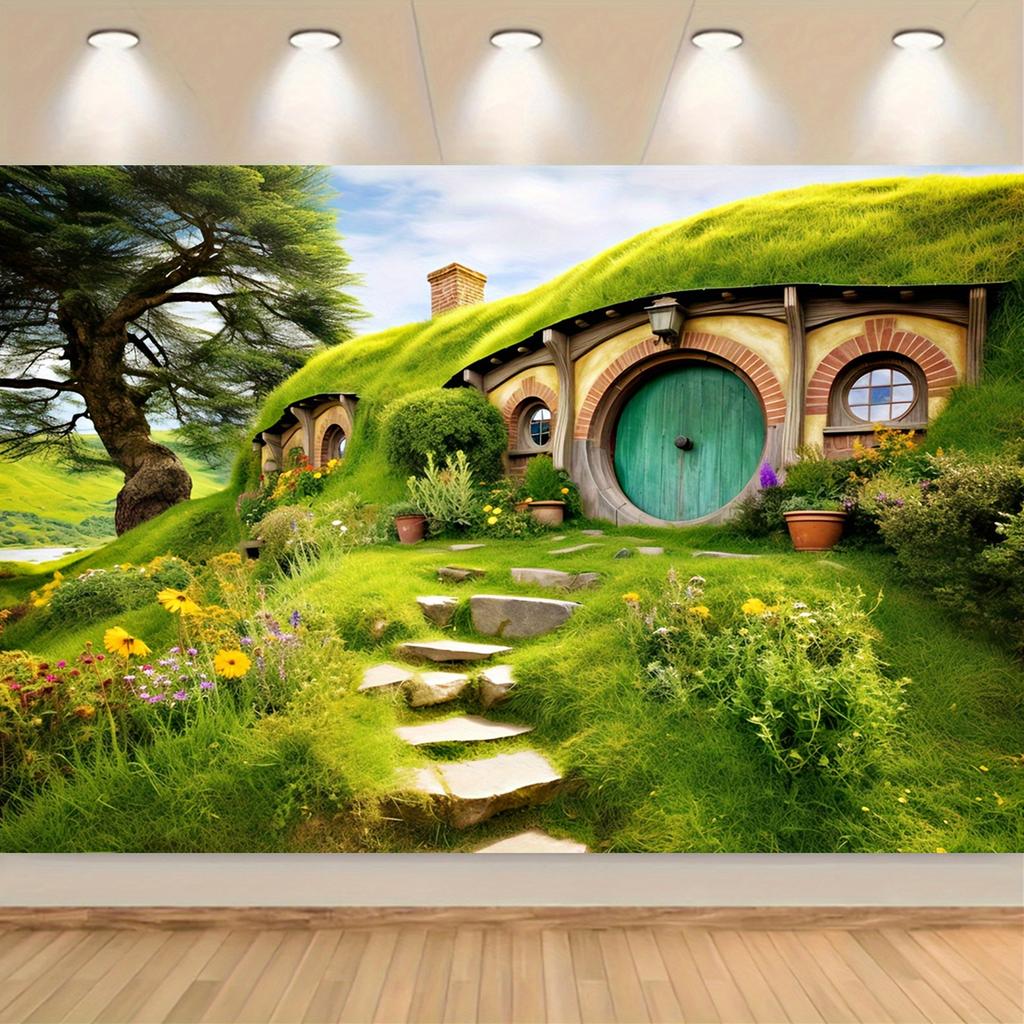 2D Flat Banner 1 Piece - Polyester Green Hillside Cabin Background Fabric
