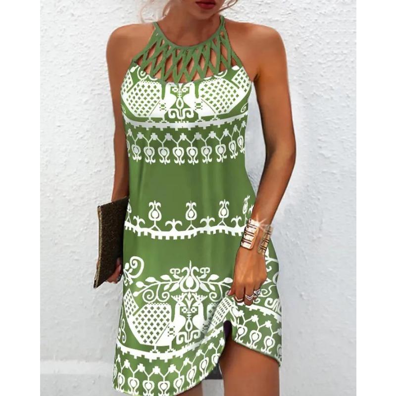VEZFAA Women's Fashion Summer Spring Colour Block Print Sleeveless Middle Waistline Casual Dresses