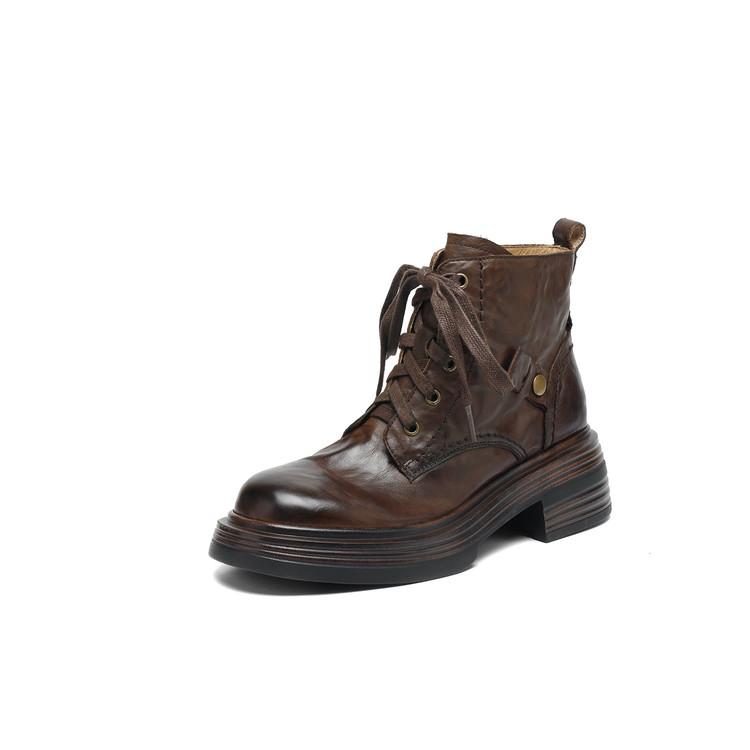 

Fashion New Autumn/winter Genuine Leather Women Boots Round Toe Platform Shoes for Women Fashion Boots High Heels Lace Work Boots 40