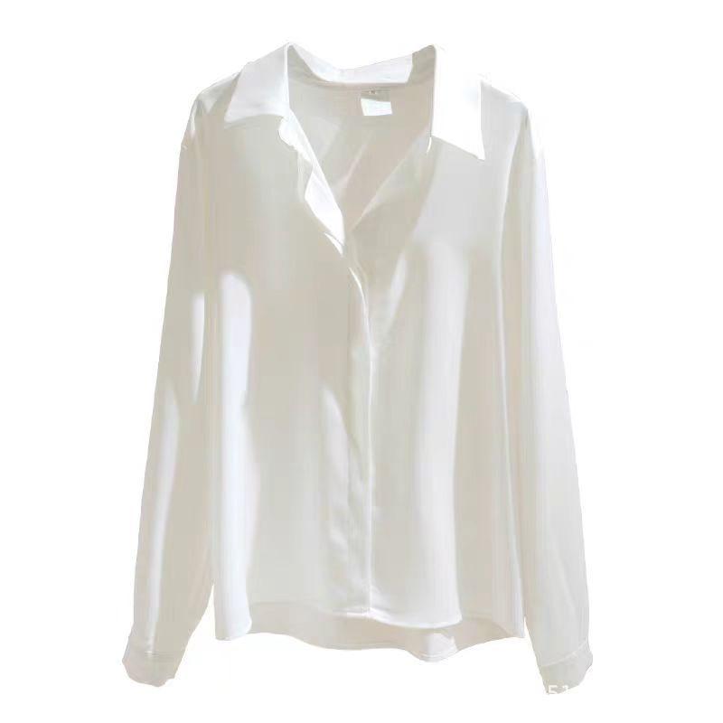 Women Satin Long Sleeve Solid Color Commute Professional Business Button Down Shirt