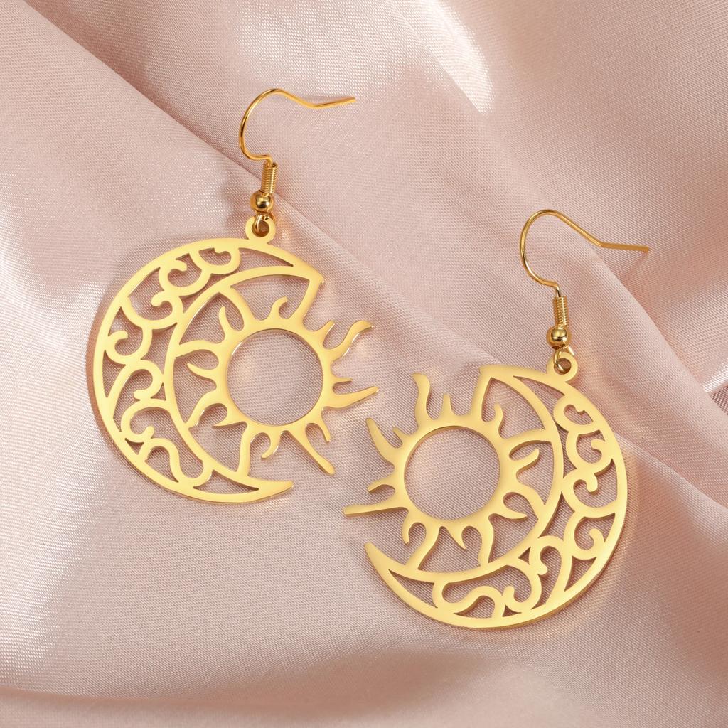 Crescent Moon Sun Pendant Drop Earrings for Women Stainless Steel Gold Earrings Bohemian Jewelry Birthday Gift